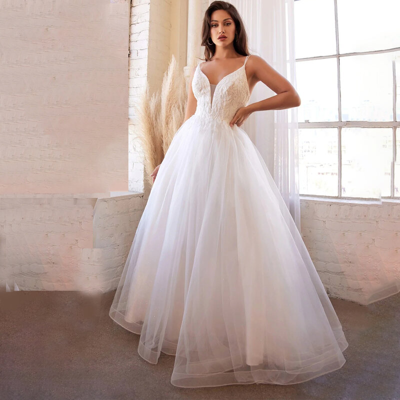 Женское свадебное платье YOLANMY, простое платье с глубоким V-образным вырезом, на тонких бретельках, с аппликацией, длиной до пола