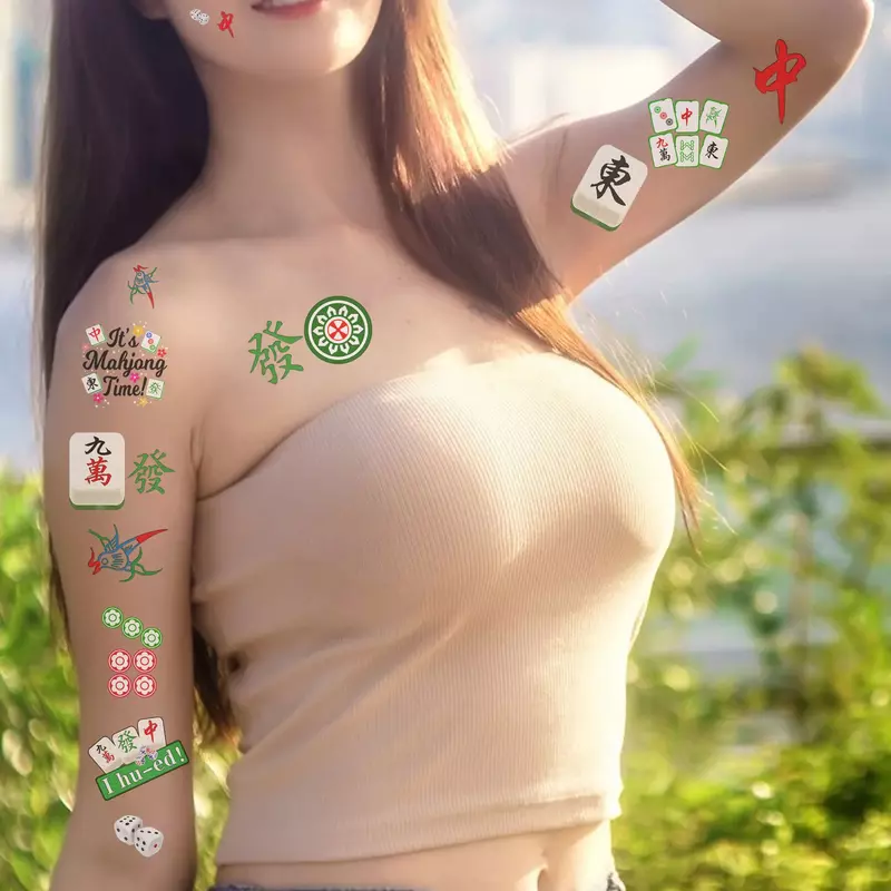 Mahjong tatuagem temporária adesivos, adesivo impermeável, 1 folhas