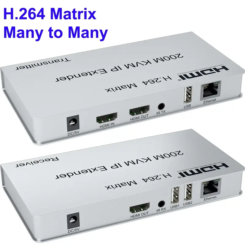 Extensor IP KVM H.264 HDMI 200M a través de RJ45 Cat5e Cat6, Cable Ethernet, matriz de red, compatible con muchos transmisores a muchos receptores