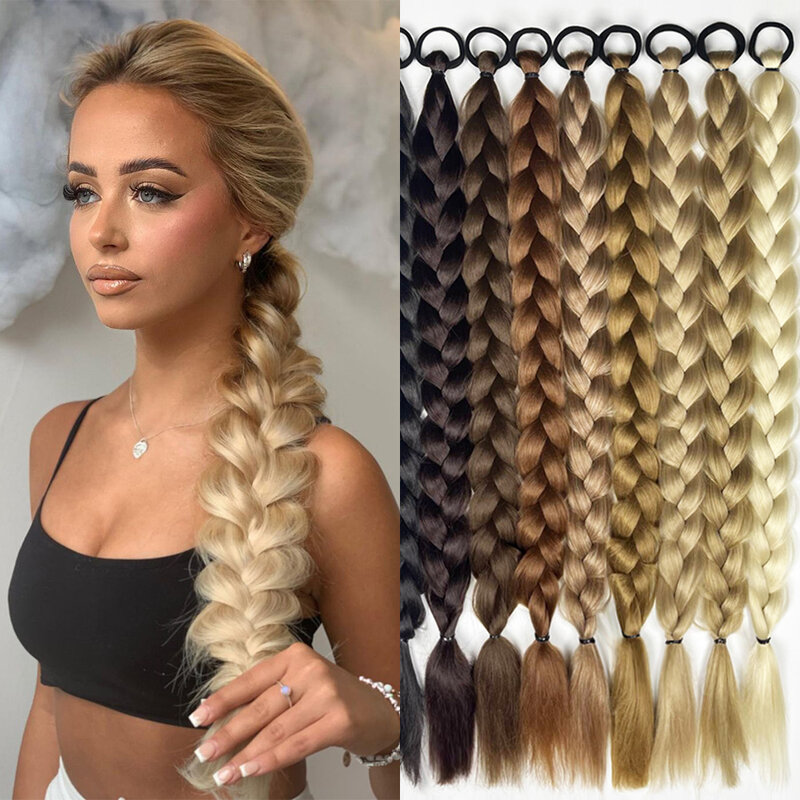 Synthetic Long Twist Braid Ponytail Extensions With Rubber Band 24 Inch Boxing Braided Hair Extensions For Women Daily Use