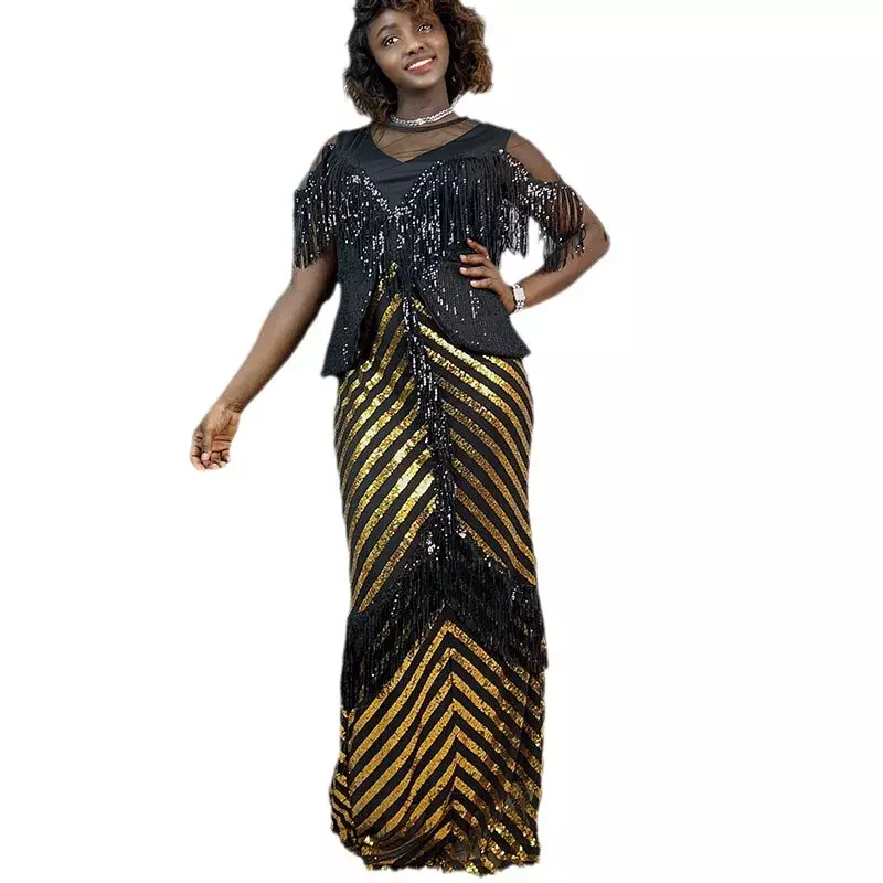 Gaun panjang payet perak elegan untuk wanita, gaun Maxi selebriti Musim Panas Afrika untuk pesta dansa, gaun makan malam wanita