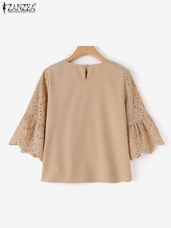 ZANZEA 2024 Summer Elegant Tops Hollow Out Casual 3/4 Ruffle Sleeve Lace Patchwork Blusa Women Loose Solid Color Everyday Blouse