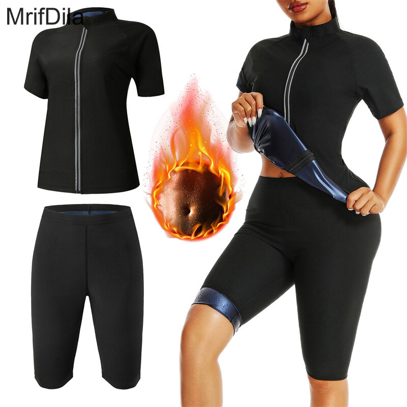 MrifDila Sauna Long Jacket Shorts Two-piece Set Sweat Heat Trapping Weight Loss Women Slimming Body Shaper Fat Burn Suits Thermo