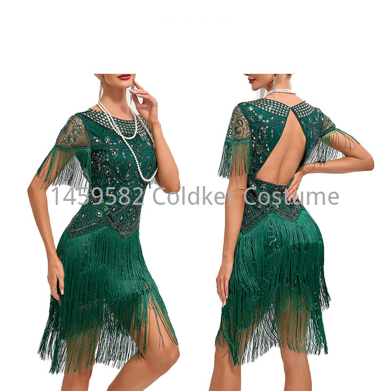 Vestido de baile Retro del gran Gatsby, vestido de cuello redondo, manga casquillo, lentejuelas, flecos, fiesta, Midi, cuentas, borla, chaleco, 1920