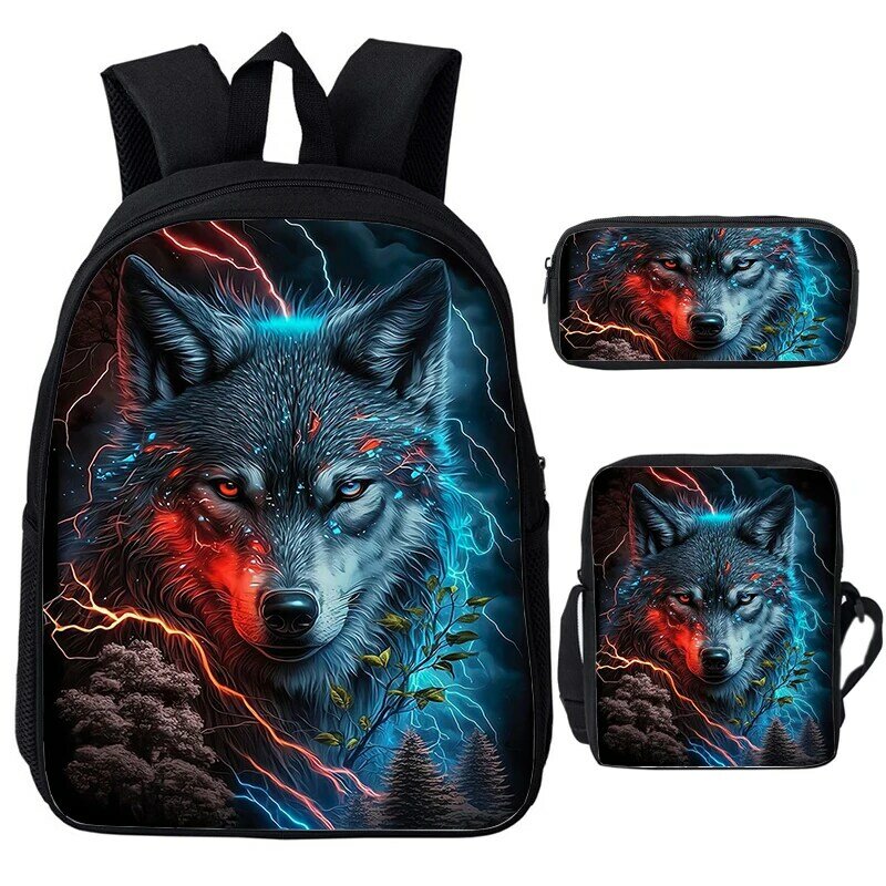 Cool Wolf-mochila escolar con estampado 3D de animales para niños y niñas, bolso de hombro para ordenador portátil, estuche para lápices, Juego de 3 unidades