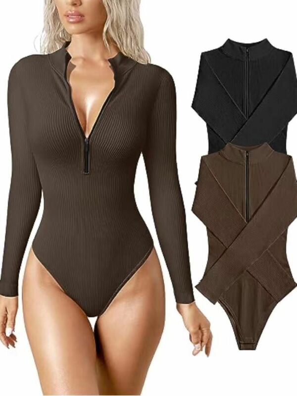 Long sleeved jumpsuit Sexy ribbed jumpsuit Front zipper Long sleeved top jumpsuit