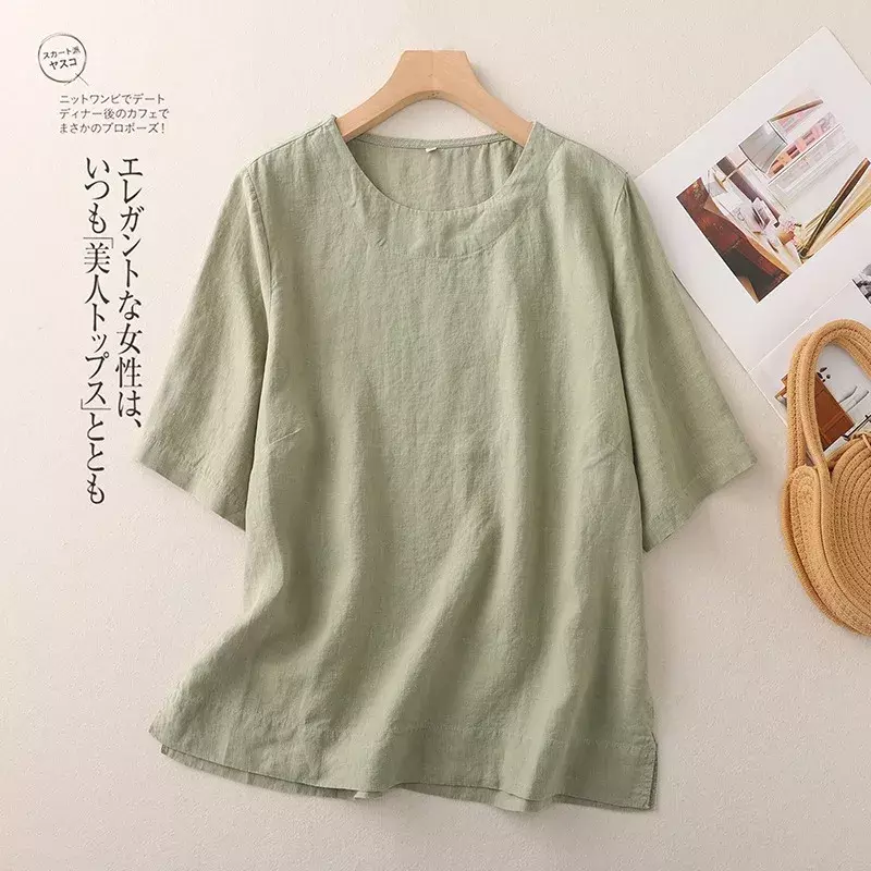 Camicia da donna in cotone e lino stile cinese camicette Vintage solide estive camicette larghe a maniche corte da donna o-collo abbigliamento