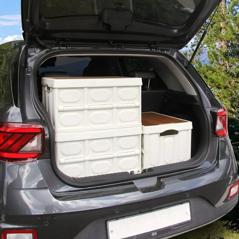 Caja plegable para acampar al aire libre con tapa de madera, caja de almacenamiento para coche, contenedor organizador de alimentos para el hogar, caja de almacenamiento de gran capacidad
