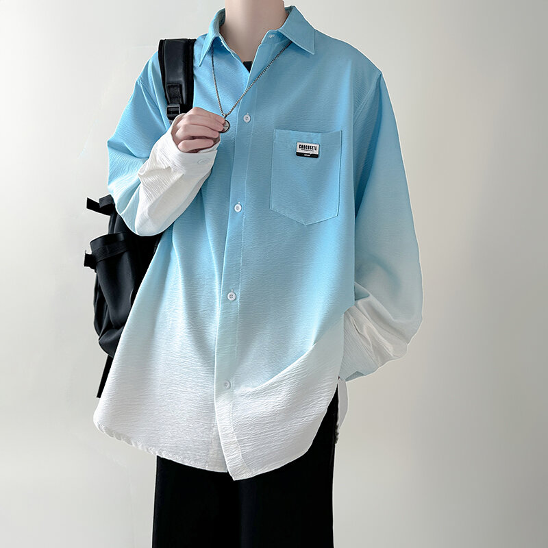 NOYMEI Contrasting Colors Shirt Men Spring Summer New 2024 Lapel Single-breasted Pockets Decorate Casual Blouses WA8558