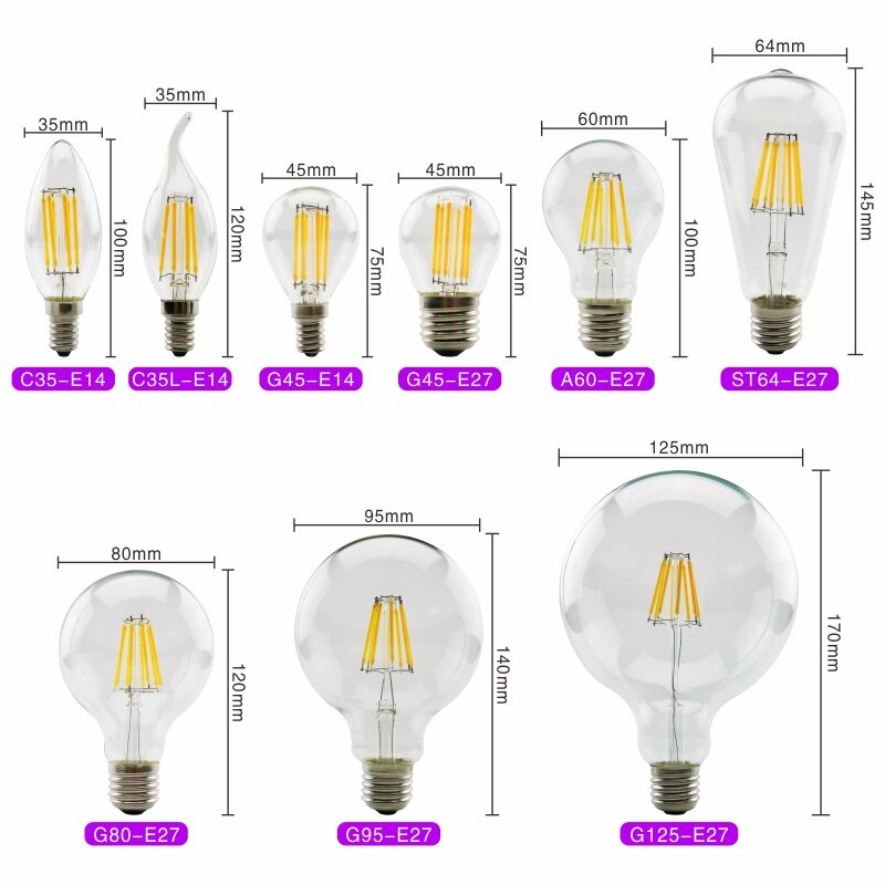 레트로 에디슨 LED 필라멘트 전구 램프, 빈티지 캔들 라이트, 유리 전구, E27 E14, 220V-240V, C35 G45 A60 ST64 G80 G95 G125