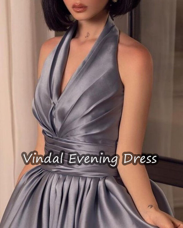 Vindal Ruffle Halter Floor Length Evening Dress  Ball Gown Satin Elegant Built-in Bra Saudi Arabia Short Sleeves For Woman 2024