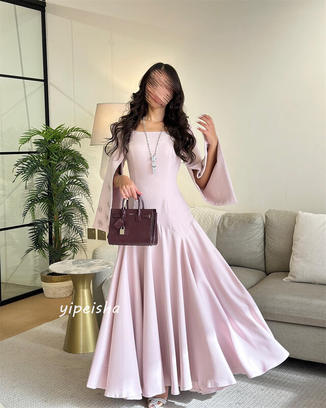 Gaun Prom Jersey Arab Saudi manik-manik tirai wisuda A-line kerah persegi Bespoke gaun acara gaun lengan panjang