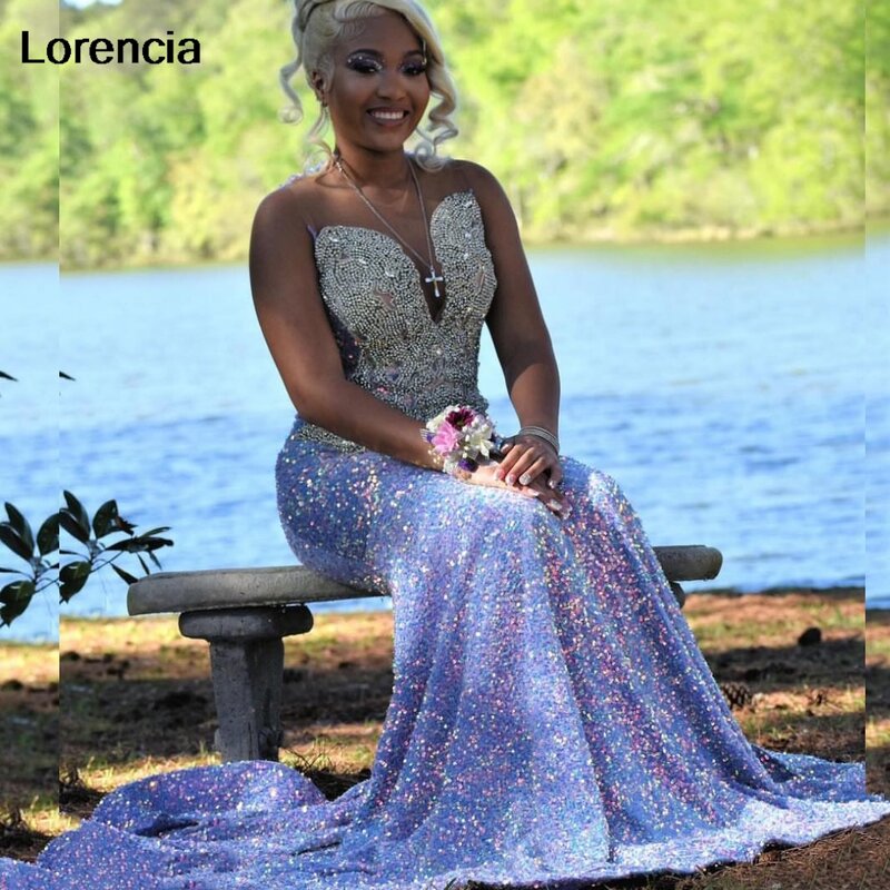 Lorencia Lavender Sequins Prom Dress For Black Girls 2024 African Women Silver Beading Formal Party Gown Vestidos De Gala YPD98