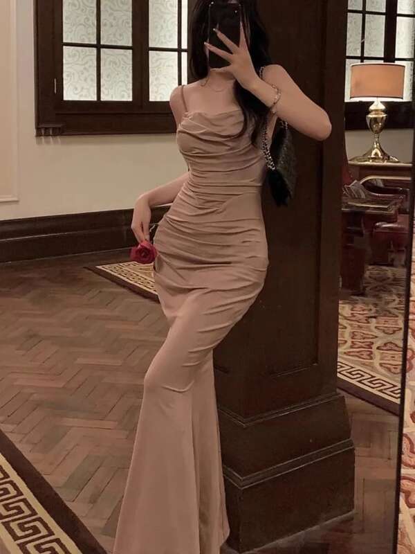 Damska elegancka seksowna obcisła sukienka syrenka letnia nowa modny pasek wieczorowa suknia na wybiegu koreańska jednolity kolor, długi przedsionka