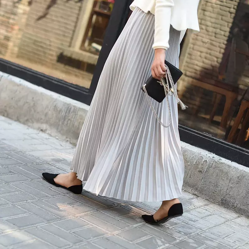 Długie plisowane spódnice dla kobiet w jednolitym kolorze wiosenna jesienna elegancka gumka z wysokim stanem spódnica elegancka biurowa, damska sukienka Midi