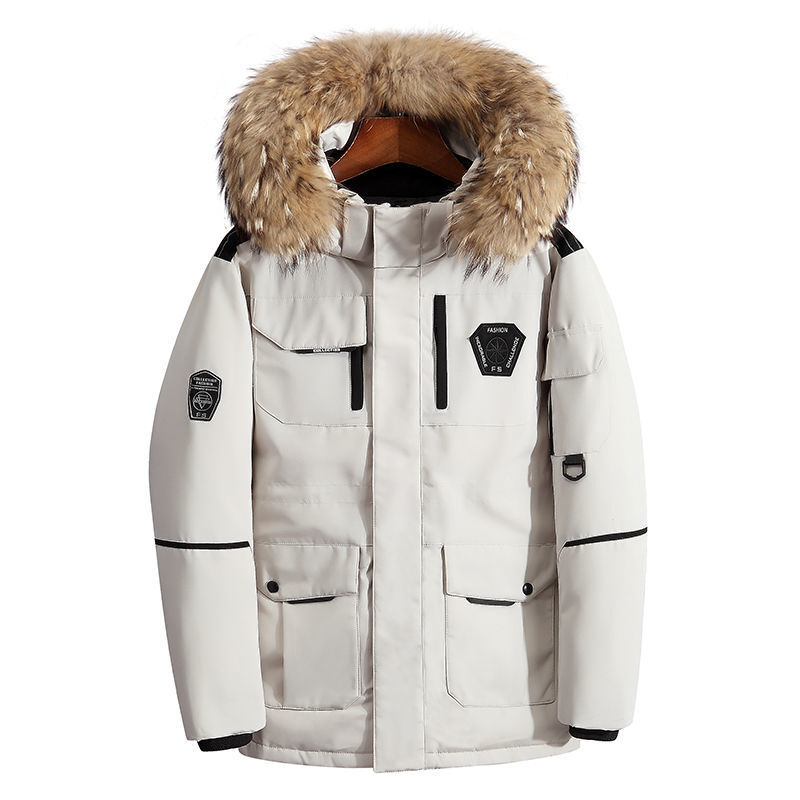 Jaket Bawah Pria Tebal dengan Kerah Bulu Asli Besar Jaket Hangat-Mantel Musim Dingin Tahan Air Kasual Pria 30 Derajat Ukuran 3XL