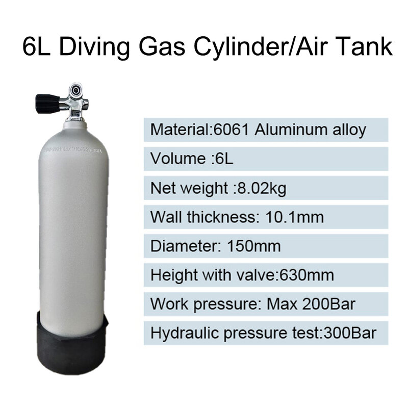 TUDIVING-3000Psi 200Bar 6L Diving Bottle Aluminum Cylinders Air Tank with DIN Interface Diving Bottle Valve High-Pressure Bottle