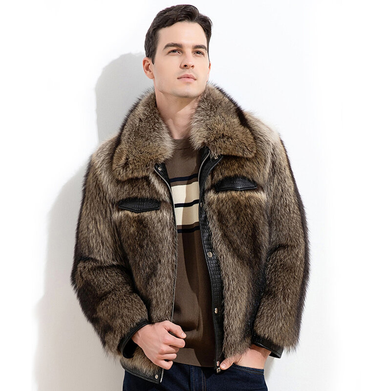 LUHAYESA 2022 Men Luxury Raccoon Dog Fur Coat Winter Real Fur Coats Casual Fashion Male Fluffy Fur Clothing