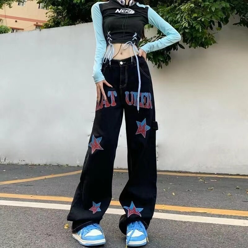Street Simple Personalized Printed Jeans Women's Gothic Style American Y2K Straight Jeans Hip-Hop Jeans Couples Street Bottoms