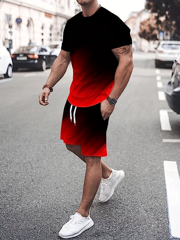 Camiseta masculina de estilo esportivo estampada e shorts, conjuntos de agasalho, plus size, moda verão, 2 peças