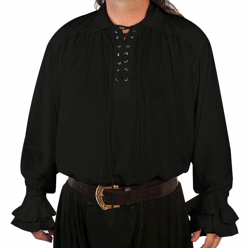 Kemeja Vintage untuk pria, atasan kaus bajak laut Lengan Panjang Steampunk abad pertengahan
