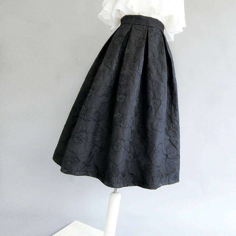 Jupe trapèze florale brodée taille haute pour femmes, jupe longue, demi-corps, noir, vintage, mode féminine, automne, nouveau, Q520