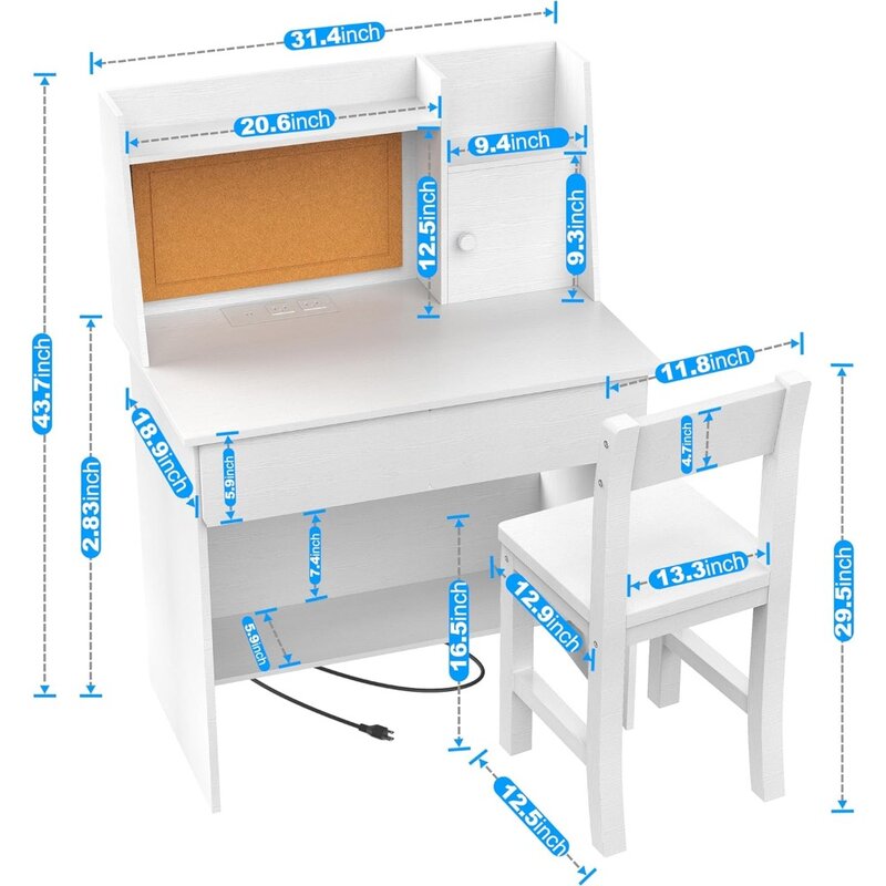 White Kids Desk and Chair Set for 5-12 Year Old, Childrens Computer Desk with Charging Station, Kids Study Table