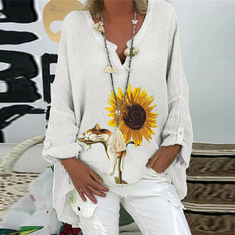 Blus Linen longgar musim panas kaus atasan Boho lengan panjang wanita baju Bohemian Vintage bunga matahari blus ukuran besar elegan 2023