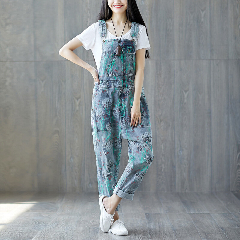 Letnie 2024 nowe, w stylu zestresowanym kombinezon z nadrukiem damskie koreańskie modny, wytarty oversize damskie kombinezony jeansowe