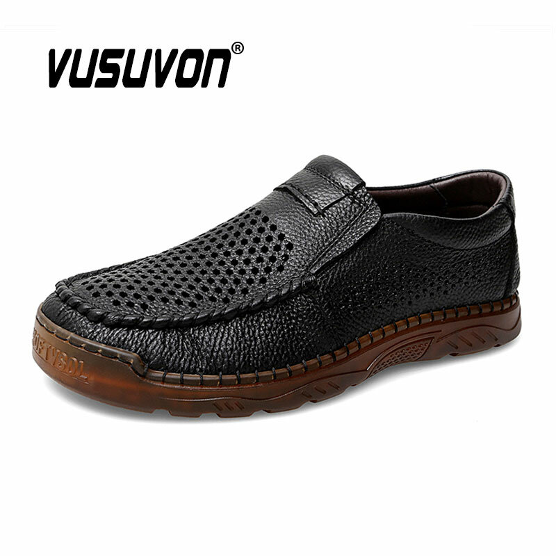 Mocasines de cuero transpirables para hombre, sandalias informales suaves para exteriores, zapatos planos de trabajo, talla 38-47, color negro