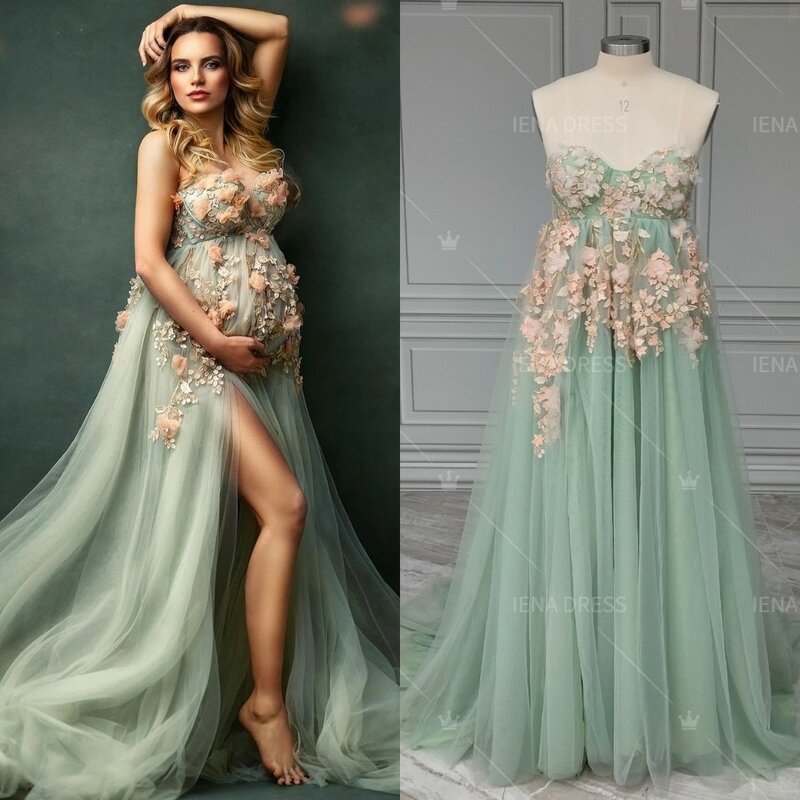 18232#Photoshoot Tulle Maternity Dress with Mint Green Appliques 3D Flowers Off Shoulder Pregnancy Dresses for Baby Shower