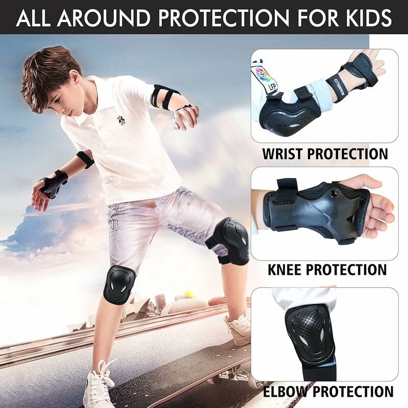 Joelho e cotovelo almofadas para crianças, 6 em 1 engrenagem protetora para meninos e meninas com protetor de pulso para skate