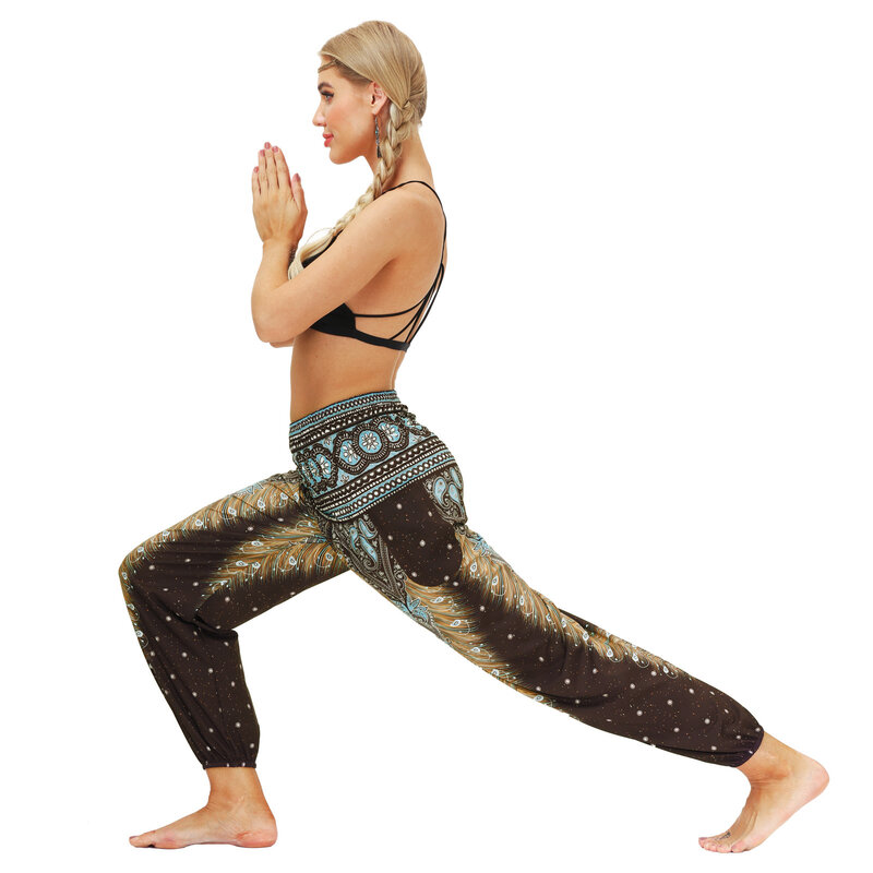 Celana legging Yoga Motif bulu merak, celana wanita lentera olahraga antilembap ringan untuk wanita