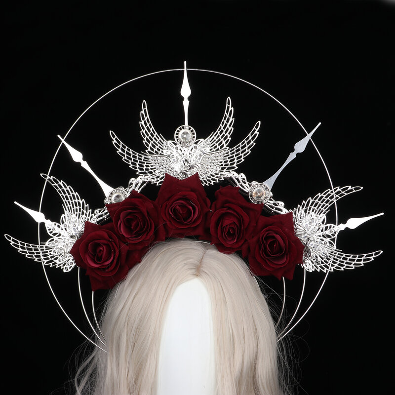 Punk Spiked Crown Headpiece Gothic Lolita Queen Goddess Cosplay Baroque Rose Flower Halo Headband Dragon Skull Hair Accessories