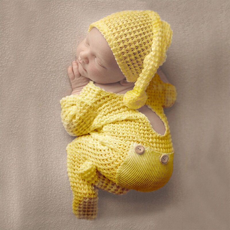 2 pçs recém-nascidos fotografia adereços crochê outfit bebê macacão chapéu conjunto de bebês foto tiro beanies boné macacão bodysuit