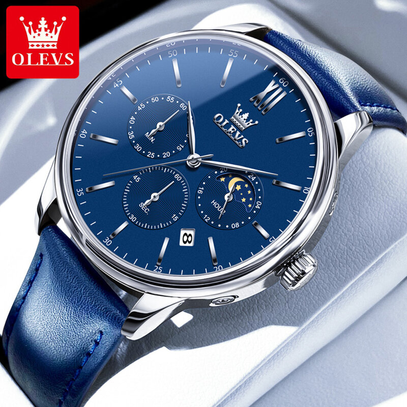 OLEVS-Montre à quartz chronographe en cuir bleu pour homme, montres d'affaires étanches, date, phase de lune de luxe, tout neuf, mode