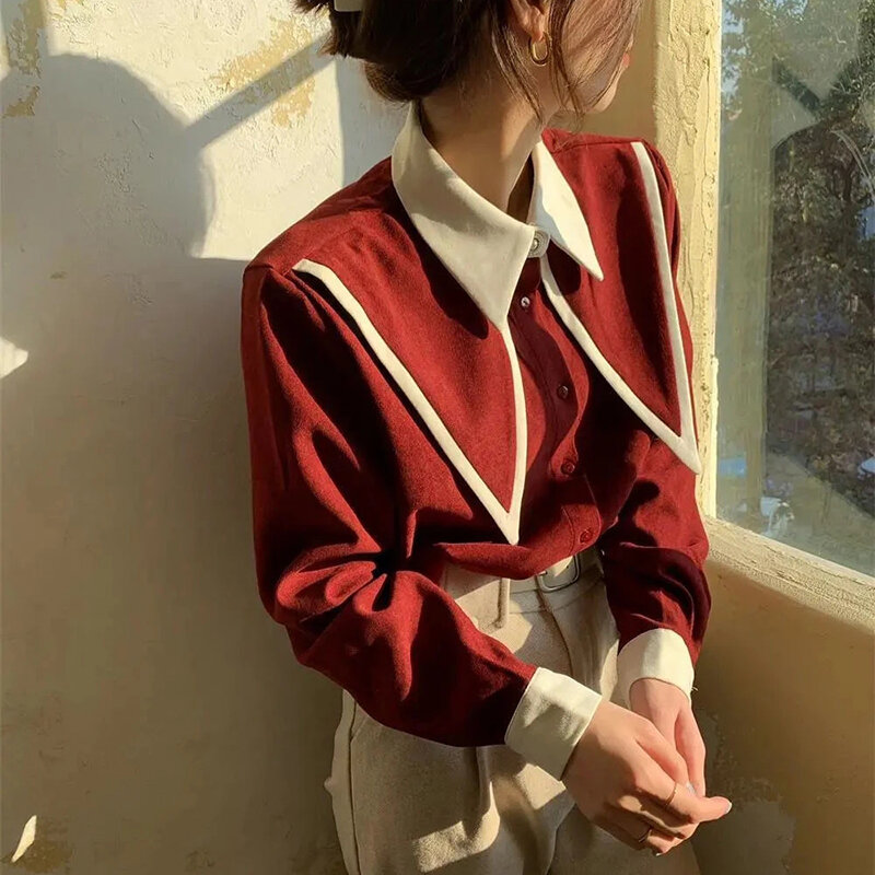 MEXZT-Blusa de manga larga con cuello vuelto para mujer, camisa holgada de retazos de gasa, estilo Vintage y elegante, estilo coreano para oficina