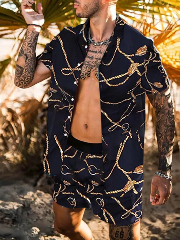 Conjunto havaiano de duas peças masculino, camisa de manga curta, shorts de botão, streetwear de praia, impressão 3D, feriado, verão