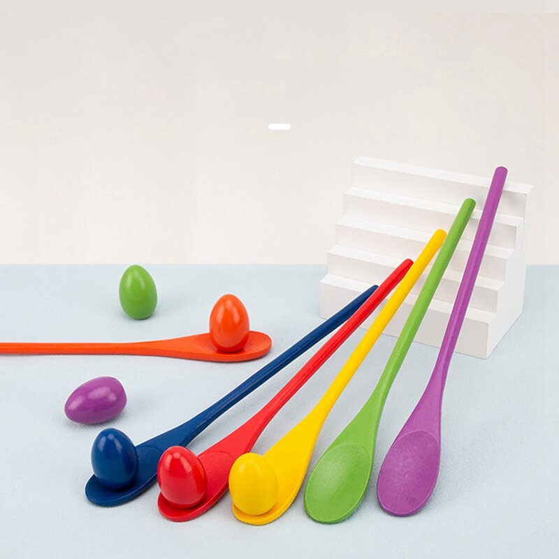 Juego de huevos y cucharas de juguete para niños, juegos interactivos, sentido del equilibrio, 6 huevos y 6 cucharas
