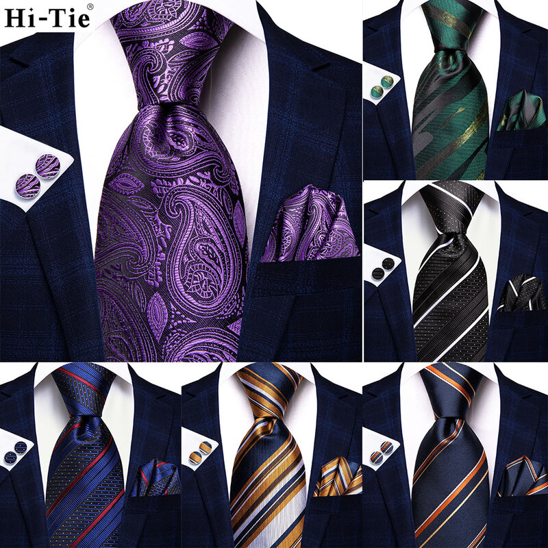 Hi-Tie Designer Purple Paisley Silk Wedding Tie For Men Handky Cufflink Gift Mens Necktie Fashion Business Party Dropshipping
