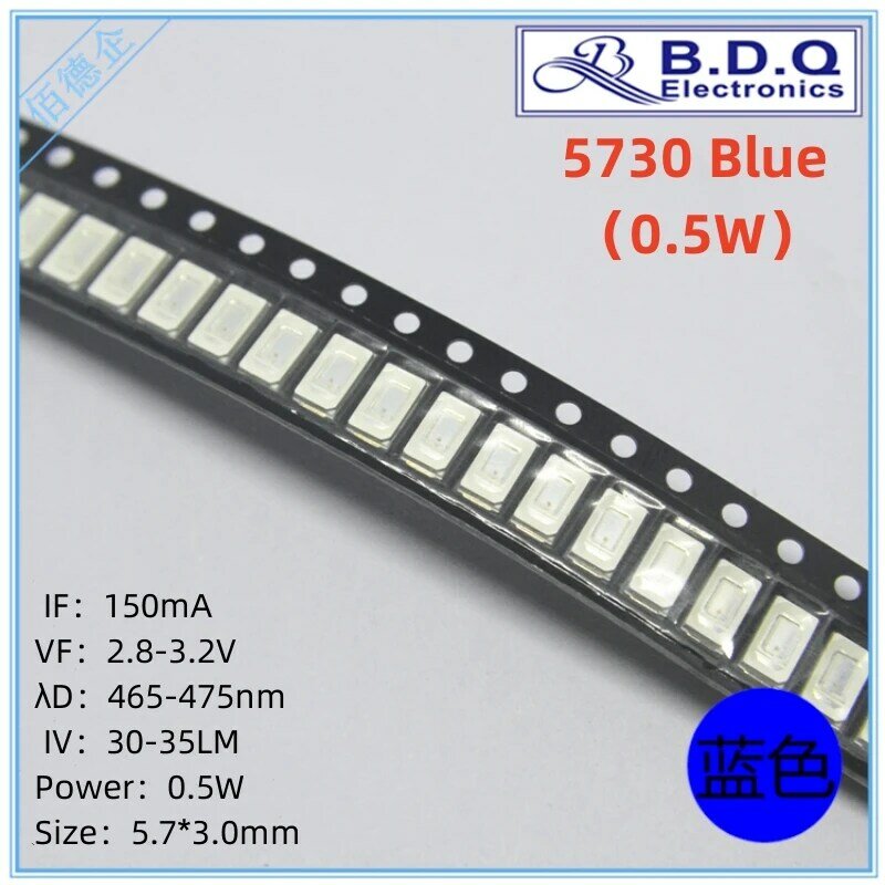 100pcs 5730 SMD LED 0.5W Blue 460-470nm LED Lamp Beads  Size 5630 Light-emitting Diode High Bright Quality