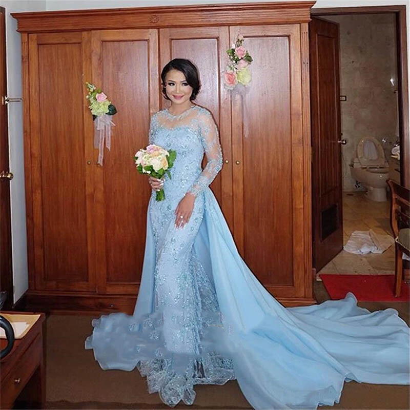 Graceful Light Sky Blue Chiffon Lace Mermaid Mother of the Bride Dresses with Train  Evening Prom Wedding Party Gowns