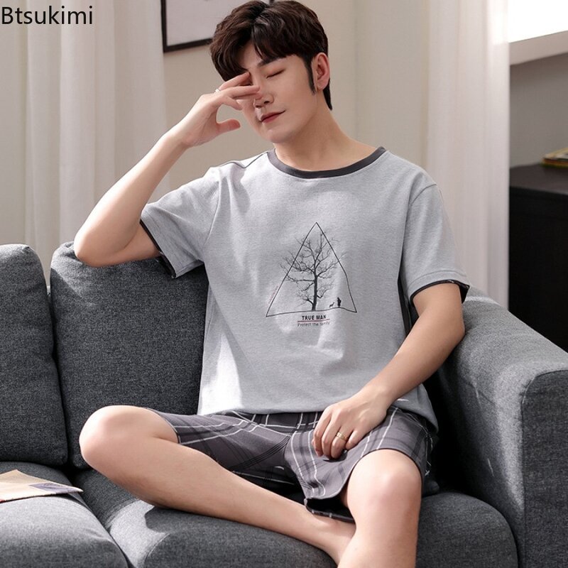 Пижамный комплект мужской с коротким рукавом, модная клетчатая рубашка в стиле пэчворк, простое удобное ночное белье для отдыха, лето