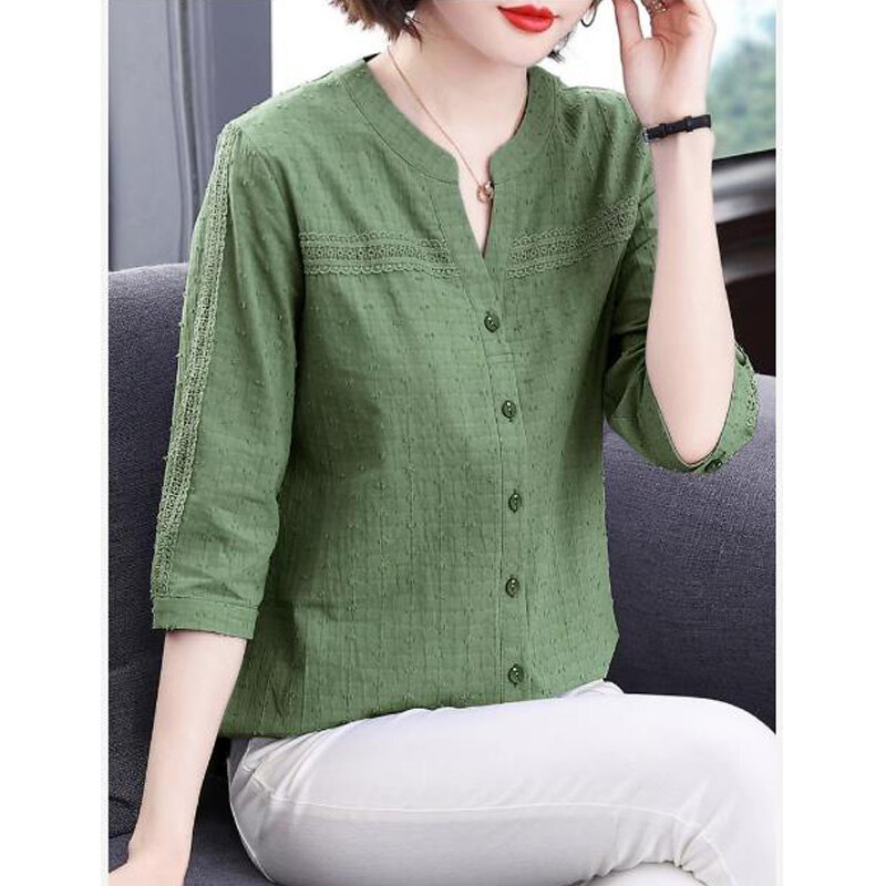 Camisa feminina coreana com botão patchwork de renda, elegante blusa com gola V manga 3/4, casual com algodão sólido, tops soltos