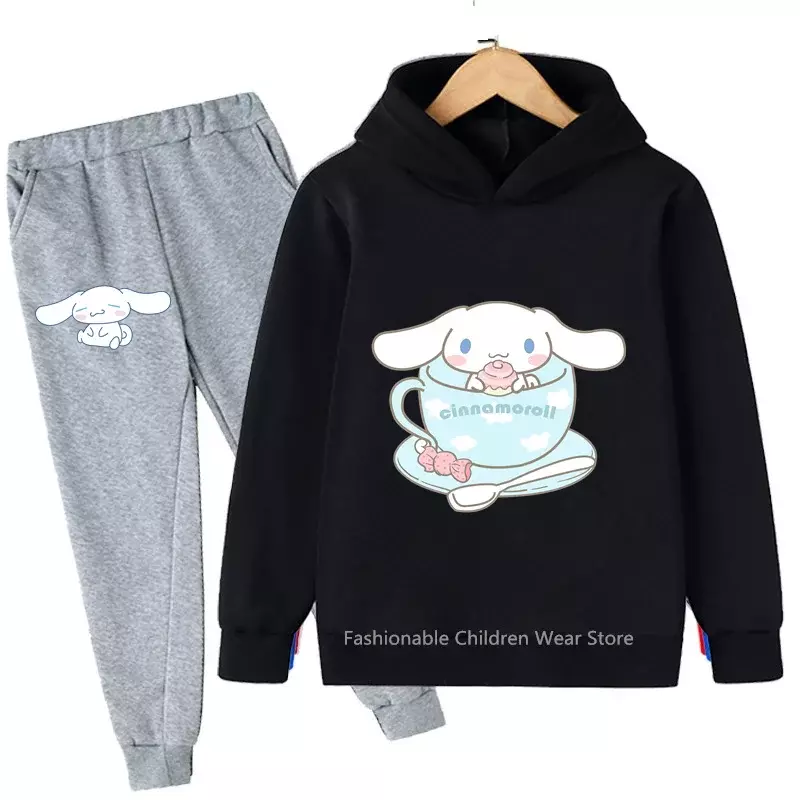 Conjunto de Sudadera con capucha y pantalones con estampado de Cinnamonroll para niño y niña, ropa de algodón, amigable, informal, para exteriores, moda coreana