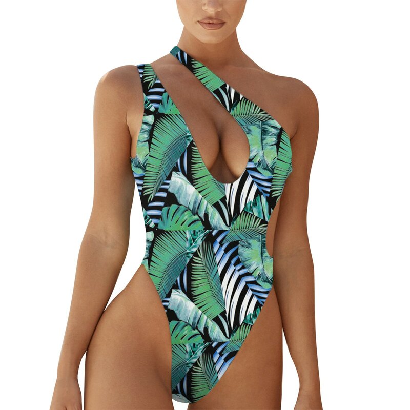 One Piece Swimsuit 2023 New Women Floral One Shoulder Swimwear Female Cut Out Monkini Bodysuit Beach Swimming Suit Beachwear