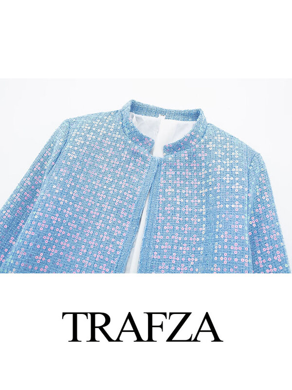 TRAFZA-Trendy azul o-pescoço manga comprida bolsos decoração lantejoulas para mulheres, moda feminina, na rua alta jaquetas curtas, primavera