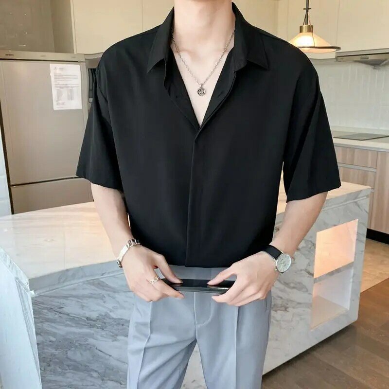 Summer High-end Men Clothing Loose Thin Ice Silk Shirts Men Short Sleeve Business Casual Hidden Buckle Solid Color Men Shirts