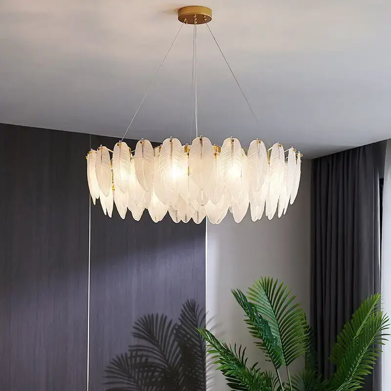 Nordic Glass Feather โคมไฟระย้า Luxury Gold LED รอบแหวนห้องนั่งเล่นโคมไฟในร่มจี้โคมไฟ