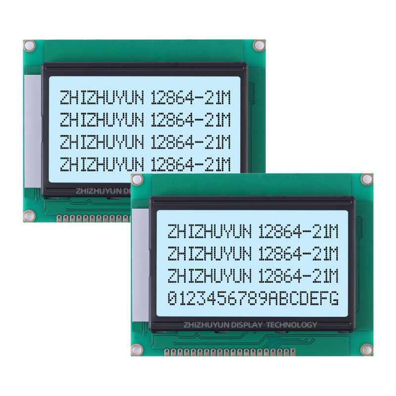 Dispositivos de exibição LCD com fonte estável, tela verde amarela, 5V, 93mm * 70mm, 12864-21M, exportação para Cingapura